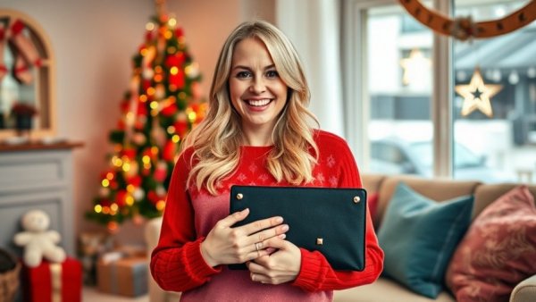 Festive fashion style of a cheerful woman in a holiday setting.