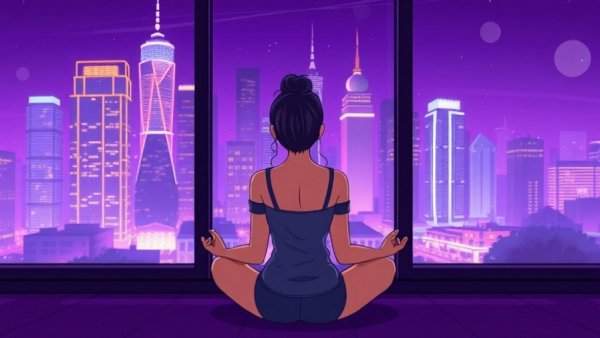 Mindfulness techniques illustrated by a woman gazing at a nighttime cityscape.