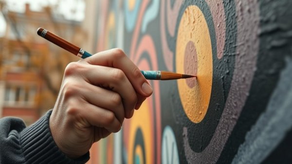 Person's hand painting a mural focusing on brushstroke detail.