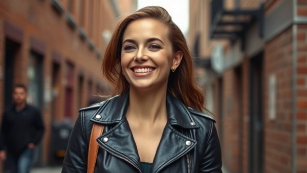 Stylish woman in leather jacket on street, Amazon best sellers 2025.