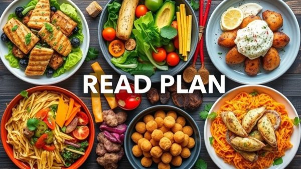 Healthy recipes meal plan with diverse colorful dishes.
