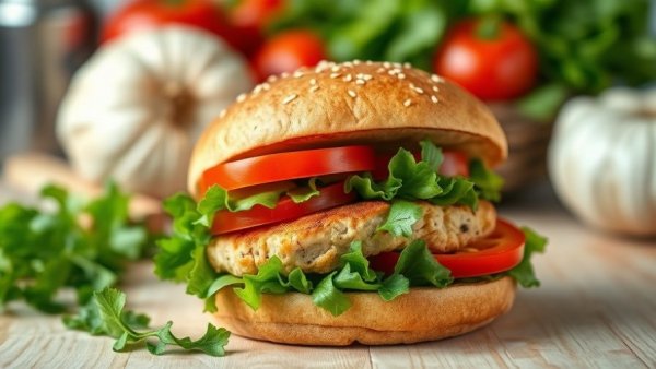 Healthy chicken burger with lettuce and tomato, perfect for healthy recipes.