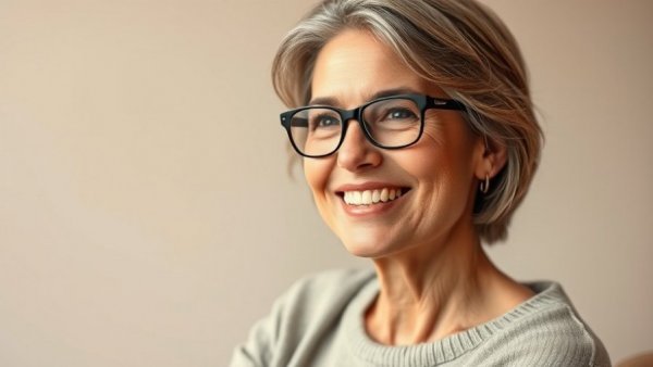 Smiling middle-aged woman promoting senior health