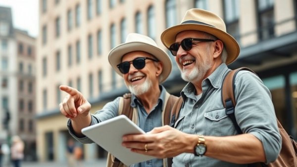 Senior couple enjoying city exploration for wellness travel prizes.