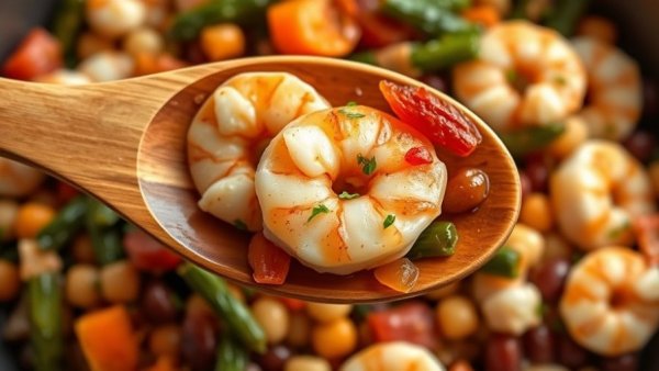 Healthy recipes: seasoned shrimp with vegetables and beans.