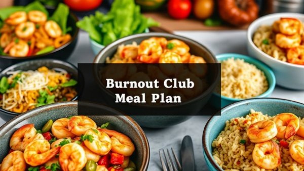 Colorful healthy recipes with shrimp and rice in Cooking Burnout Club Meal Plan.