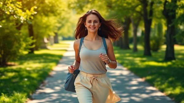 A woman walking in a sunny park setting; relates to senior health.