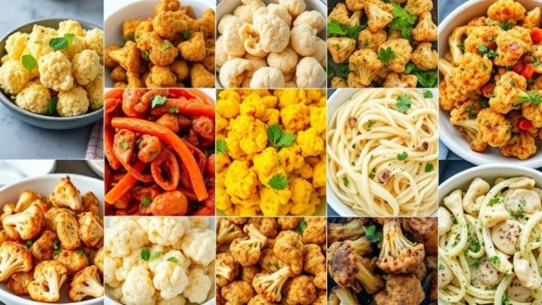 Colorful collage of healthy cauliflower recipes, vibrant dishes.