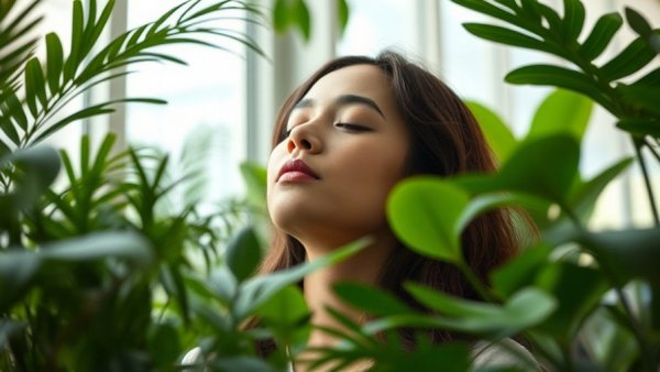 Woman letting go for inner calm, surrounded by lush indoor plants.