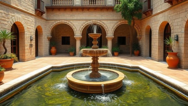 Arched fountains in Spanish courtyard representing Spain spa culture healing waters.