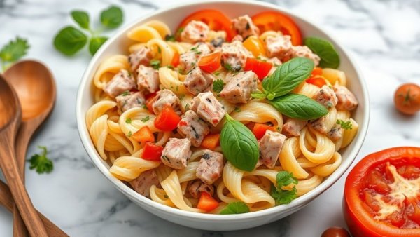 Healthy Tuna Pasta Salad with vibrant ingredients and avocado oil.