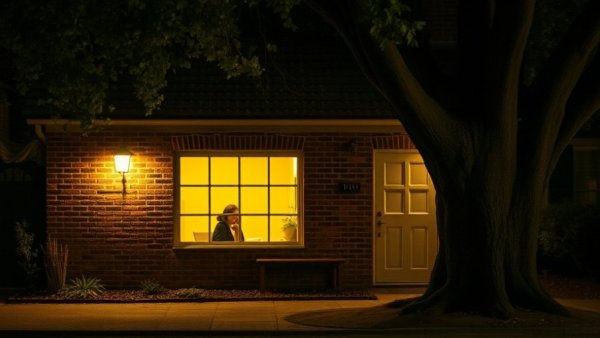 Quaint brick house at night with a calm indoor scene, highlighting benefits of slow living.