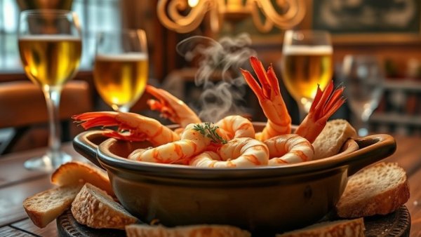 Rustic shrimp dish with bread, wine, and beer on wooden table for senior health.