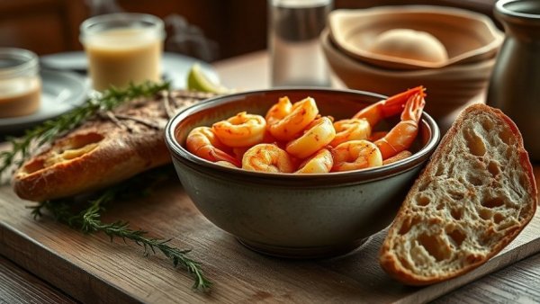 Rustic shrimp dish with bread, perfect for senior health dining.