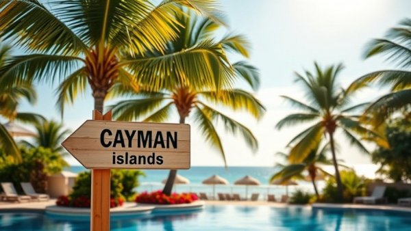Spring Break in Grand Cayman sign by pool under palm trees.