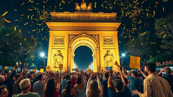 Vibrant celebration at Barcelona Arc de Triomf for Tour de France 2026.