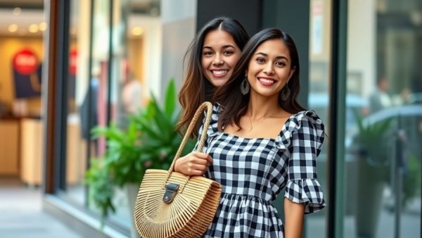 Gingham Fashion Trends: Stylish woman in gingham dress with handbag.