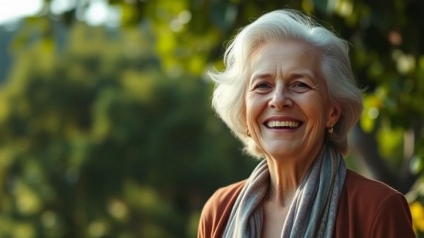 Smiling older woman embodying genuine happiness, nature background.
