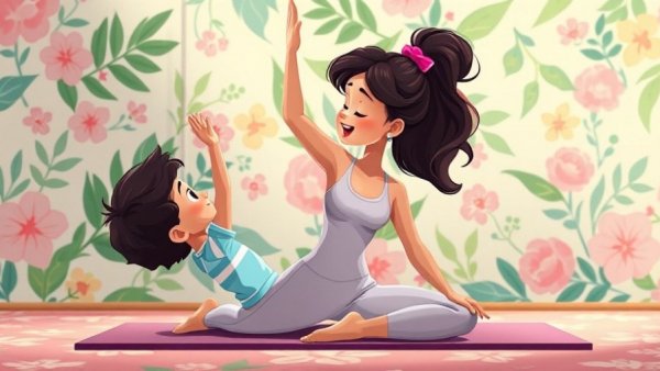 Cartoon of mom and child doing yoga, showing benefits of teaching kids yoga.