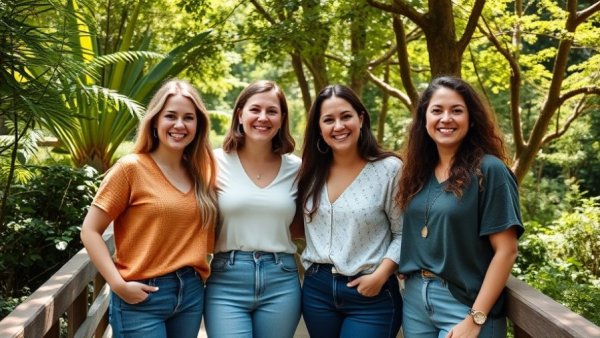 Mother's Day gift ideas with women in colorful dresses on a path.