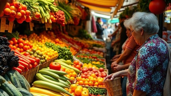 Colorful farmers market with fresh produce for senior health.
