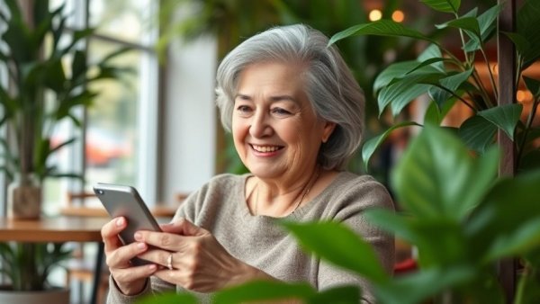 Senior woman enjoying coffee and phone in a serene cafe setting.