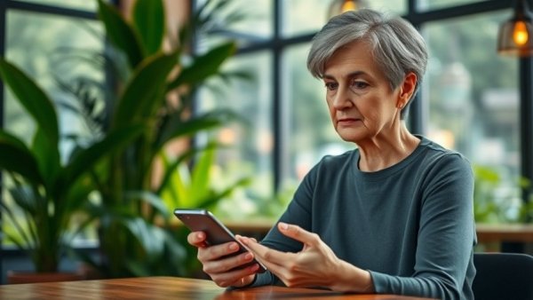Older woman in a cafe, holding a phone, enjoying coffee, everyday habits to keep your brain sharp.