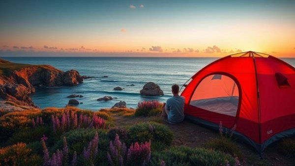 Present-moment awareness benefits: couple at sunset by red tent.