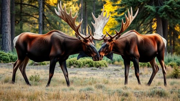 Moose grazing in peaceful forest clearing.