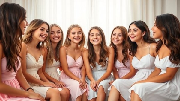 Teen birthday party ideas with smiling group of girls in pastel dresses.