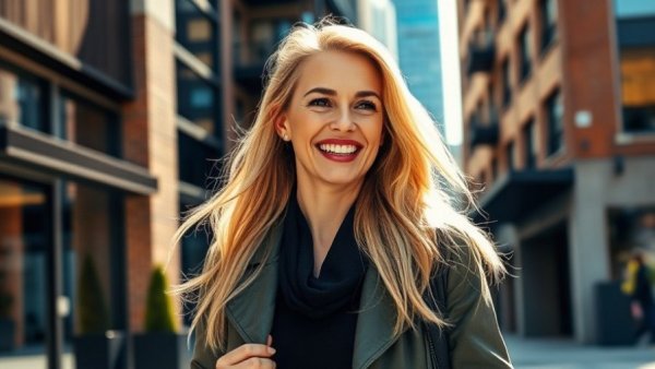 Stylish blonde woman in floral dress walking downtown fashion scene