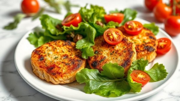 Healthy recipes: Fresh salad and salmon cakes on a plate.