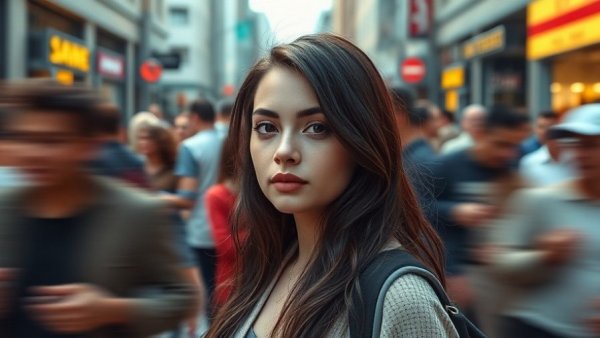 Elisha Goldstein's Tiny Shifts: Woman calm in bustling crowd.