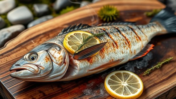 Whole grilled fish on moss with lemons and herbs, senior health grilling techniques