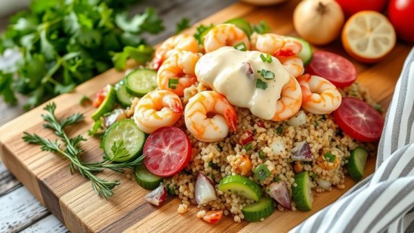 Colorful shrimp quinoa salad with creamy dressing in a kitchen setting, healthy recipes.