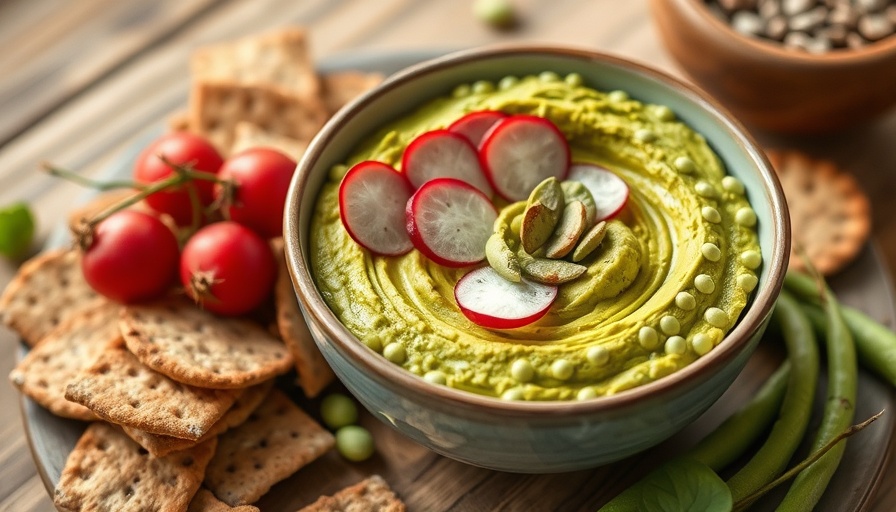 Senior health: Healthy green hummus with radishes and crackers.