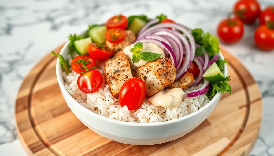 Greek chicken rice bowl with hummus and fresh vegetables on a wooden board.