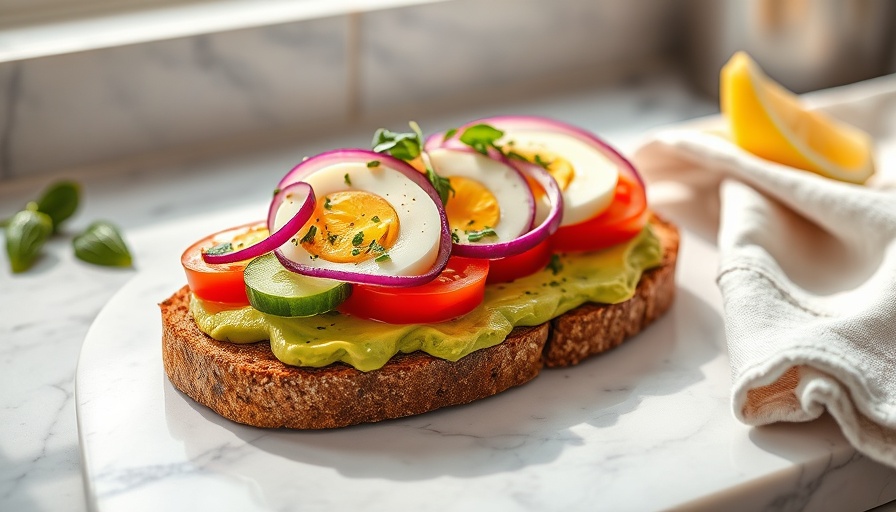 Vibrant open-faced sandwich for cooking for one, on a marble countertop.