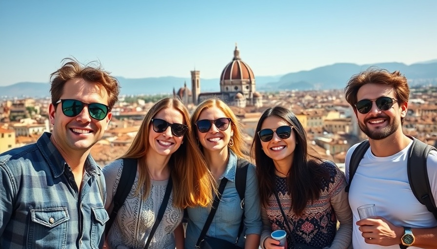 Happy tourists enjoying fun in Florence with cityscape backdrop.