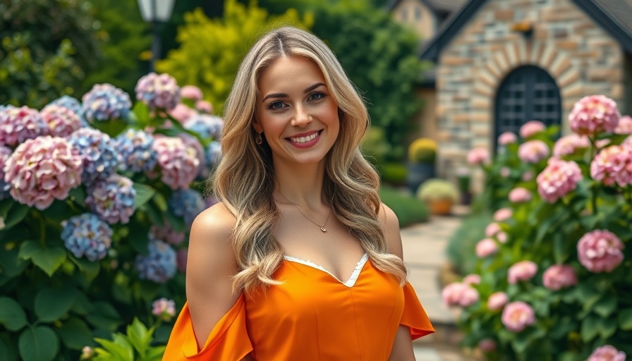 Woman in orange swing dress smiling in a garden setting.