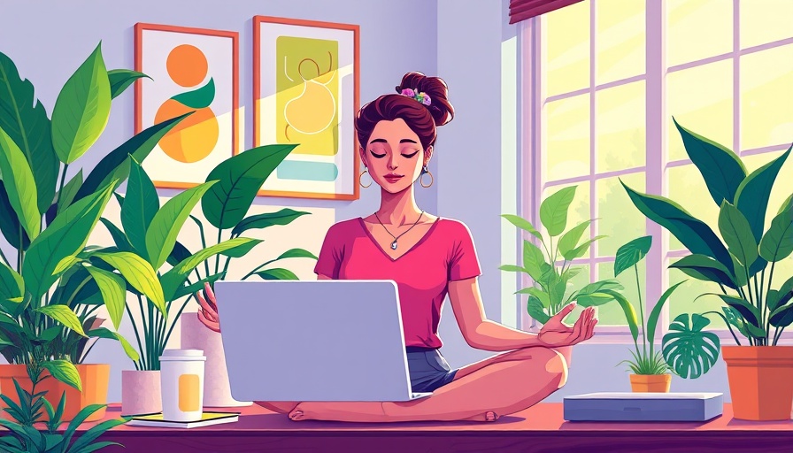 Illustration of a woman meditating at her desk with laptop and plants.