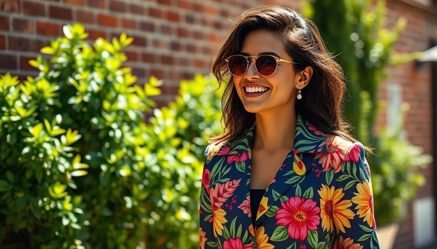 Woman in vibrant floral jacket enjoying sunny jacket weather fashion.