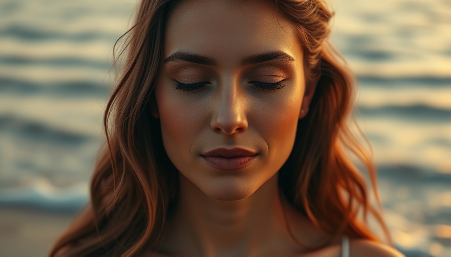 Woman promoting deep relaxation techniques with serene backdrop.