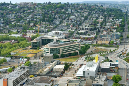 An aerial shot of The Bill and Melinda Gates Foundation smart building campus in Seattle