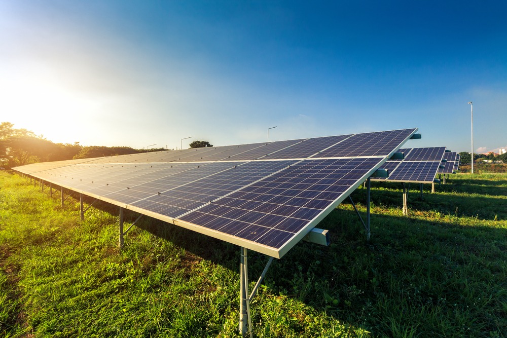 An array of alternative energy photovoltaic solar panels.