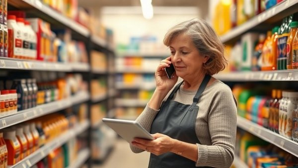 Mature woman planning business exit in store aisle with products.