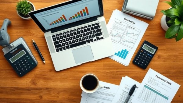 Workspace with laptop and documents on types of commercial real estate loans on wooden desk.