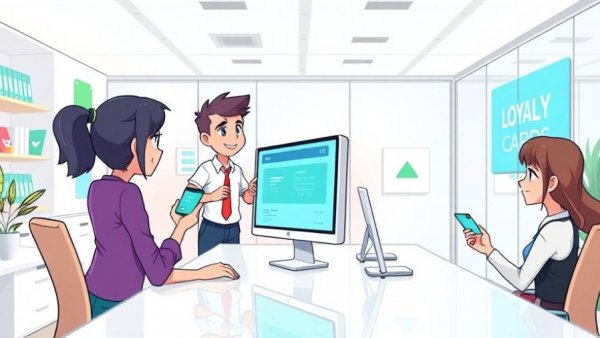 Illustration of people using reward loyalty cards in an office setting.