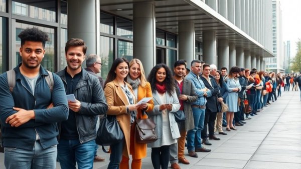 People lined up for a job fair, reflecting Trump Tax Certainty Job Growth theme.