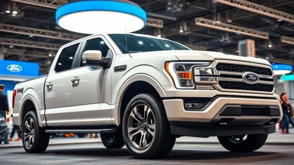 Ford F-150 electric truck on display at auto show, highlighting Ford electric vehicle losses.